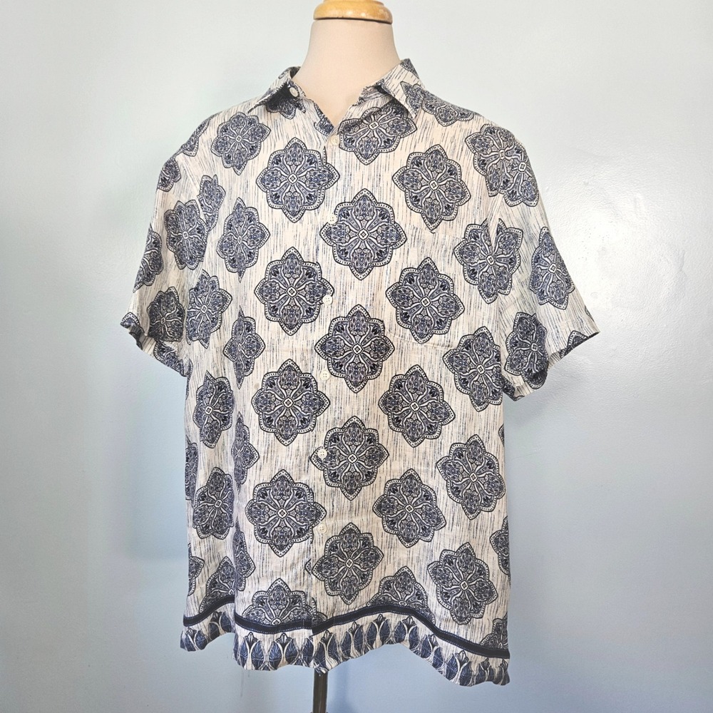 Club Room Luxury 100% Linen Shirt XXL Mens Blue White Medallion Short Sleeve